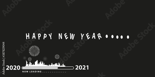 loading bar with transition from 2020 to 2021 new year. New york city silhouette on black background. Happy New Year card with progress bar. Vector illustration EPS 10