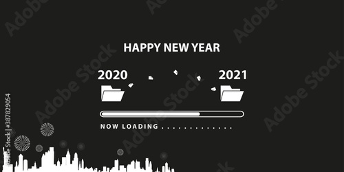 loading bar with transition from 2020 to 2021 new year. New york city silhouette on black background. Happy New Year card with progress bar. Vector illustration EPS 10