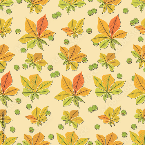 Fall. Autumn chestnut leaves, fruits. Fall background. Autumn time. Seamless pattern. Concept template with bright falling leaveson a light background. Vector illustration