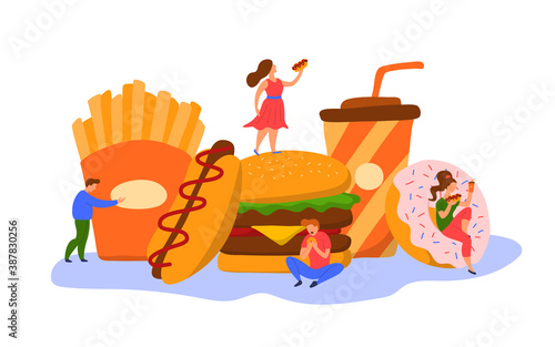 Cartoon Color Characters People and Fast Food Addiction Concept. Vector