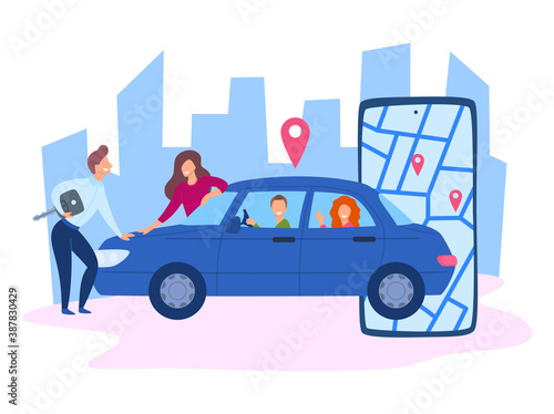 Cartoon Color Characters People Sharing Car Concept. Vector