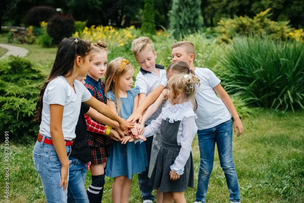 A group of children run around, have fun and play as a larger team in the summer in the Park. Happy childhood A group of children run around, have fun and play as a larger team in the summer in the Park. Happy childhood