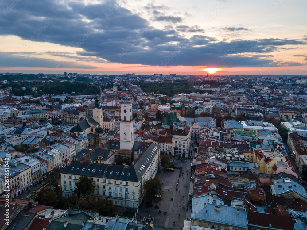 aerial view of sunset above the old european city