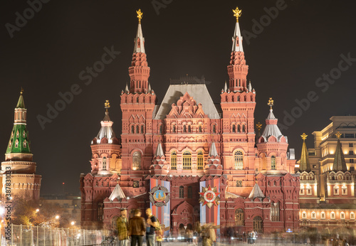 Moscow Krasania Square, Russia June 27, 2019: State Historical Museum. Famous Museum of Russian History on Red Square. Night in the light of city lights.
