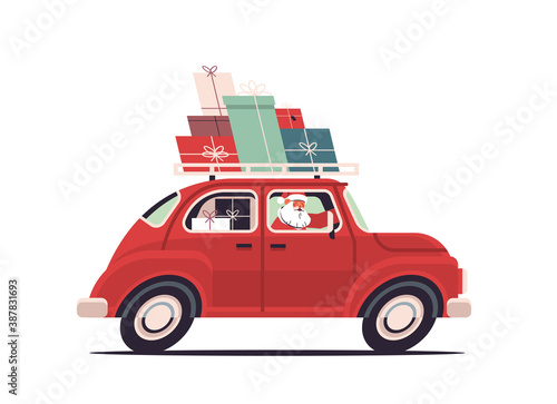 santa claus delivering gifts on red car merry christmas happy new year holidays celebration concept horizontal vector illustration
