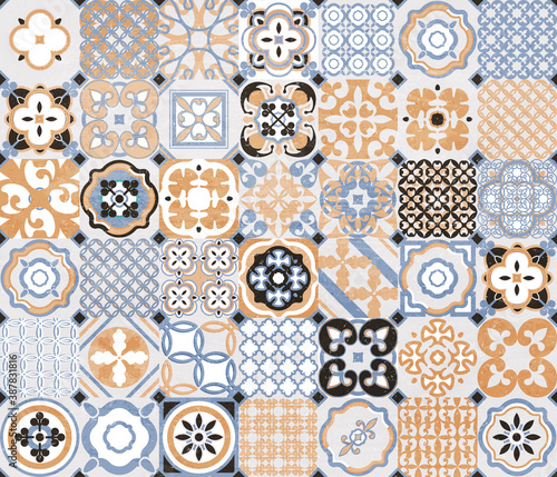 Vintage seamless tile pattern.Morocco, Indian, Arabic, Turkish motifs . Azulejo. Lisbon, Portuguese or Spanish retro tiles mosaic, Mediterranean design.patchwork. vector