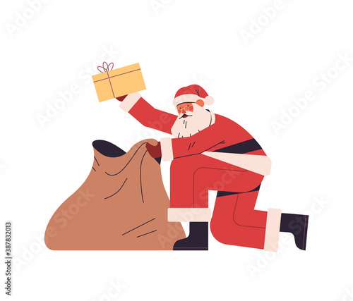 santa claus packing presents gift boxes in sack bag happy new year merry christmas holidays celebration concept full length vector illustration