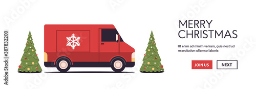 red lorry truck delivering gifts merry christmas happy new year holidays celebration express delivery concept copy space horizontal vector illustration