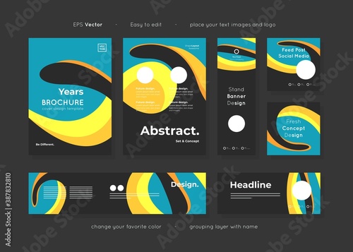 Set of black paper template corporate identity design with trendy abstract shape template layouts, include leaflet, brochure, banner, social media template for various purpose ads, editable vector.