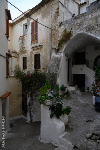 White stairs and old houses in medieval small touristic coastal town Sperlonga  Latina  Italy on sunrise