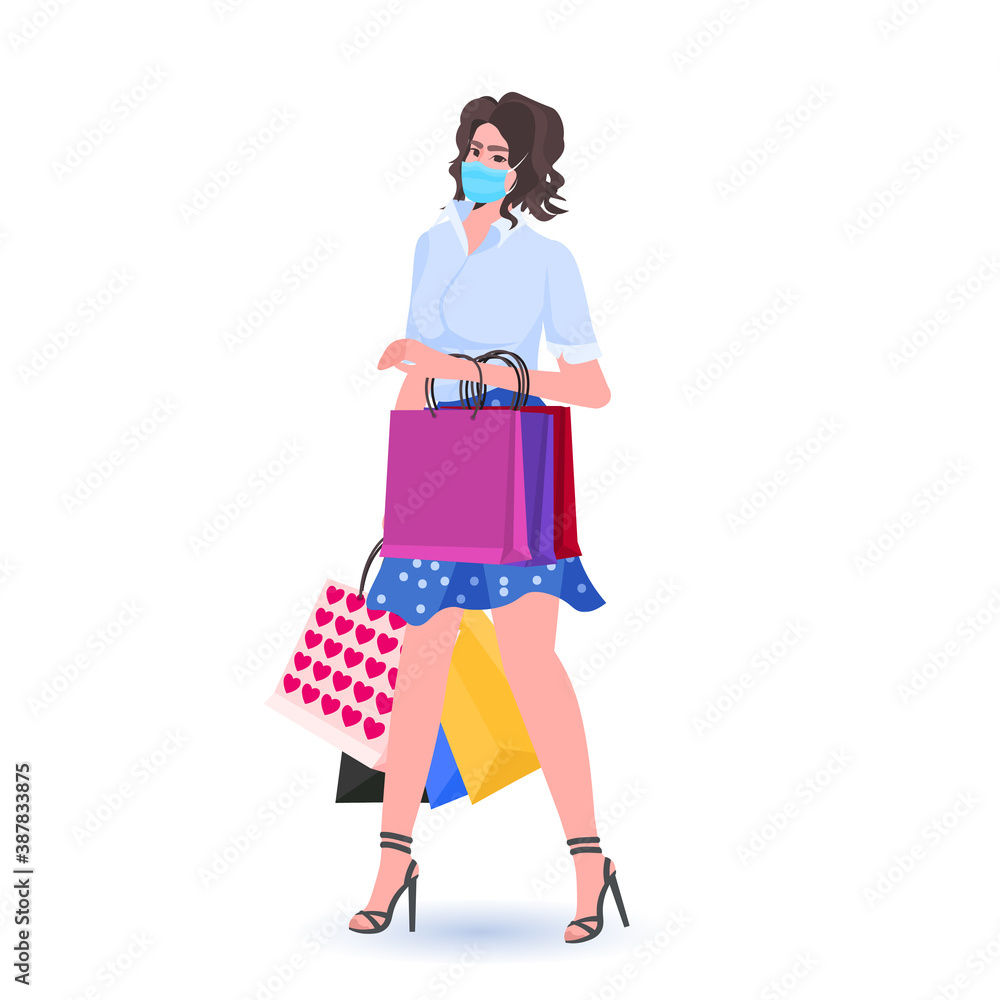 young woman in protective mask holding shopping bags black friday big sale promotion coronavirus quarantine concept full length vector illustration young woman in protective mask holding shopping bags black friday big sale promotion coronavirus quarantine concept full length vector illustration