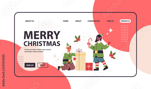 green elves in costumes preparing gifts mix race boy girl santa helpers happy new year merry christmas holidays celebration concept full length horizontal copy space vector illustration