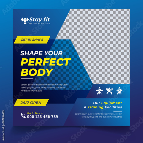 Gym fitness and workout social media banner post,Gym Fitness social media post design template,Fitness square social media post, web banner template.Gym and fitness square banner template,Sport fitnes