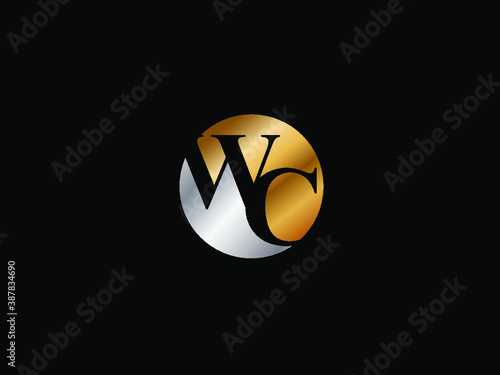 WC initial logo letter with circle shape silver color vector design, logo design for business name.