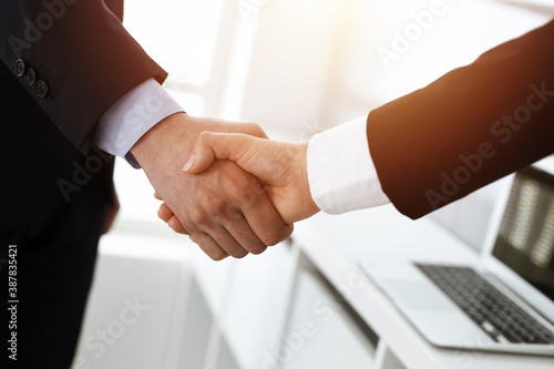 Businessman and woman shaking hands in sunny office, close-up. Concept of handshake as success symbol in business