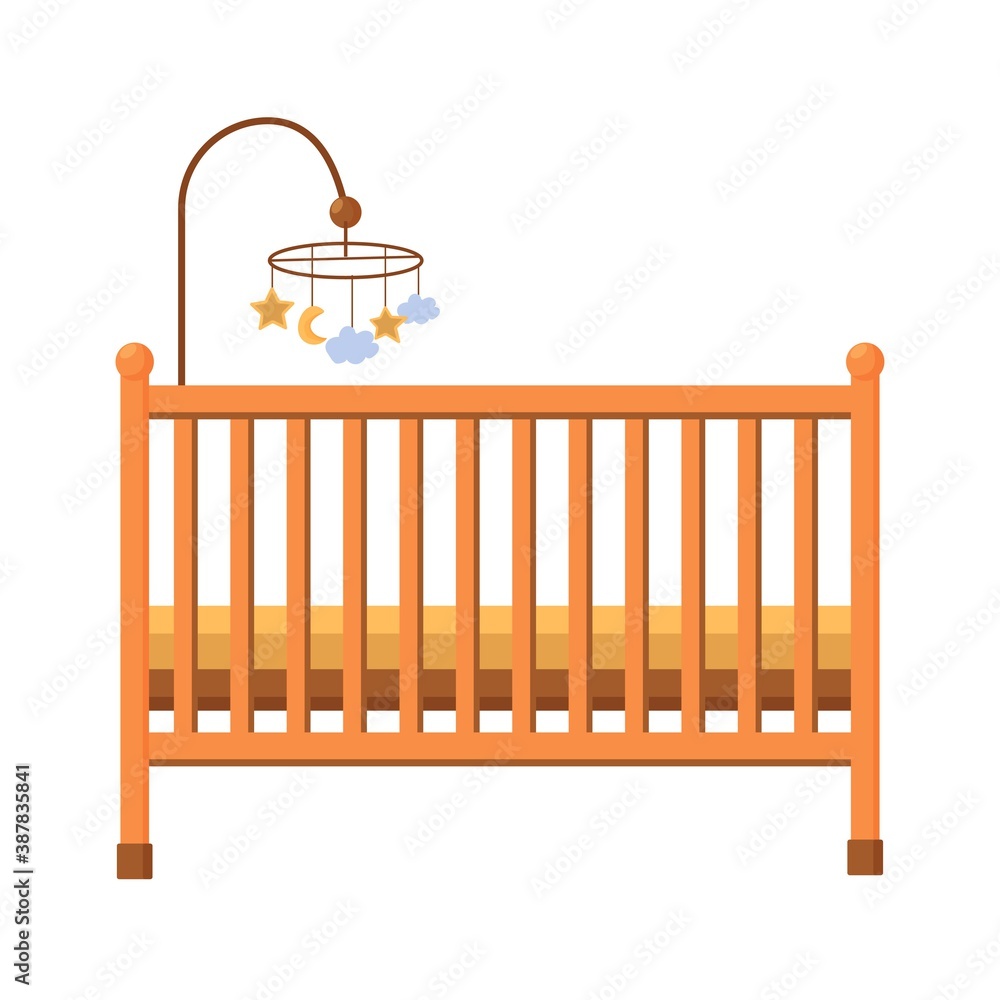 Baby bed, cradle in colours furniture for children bedroom isolated on white background in flat style with hanging mobile vector illustration