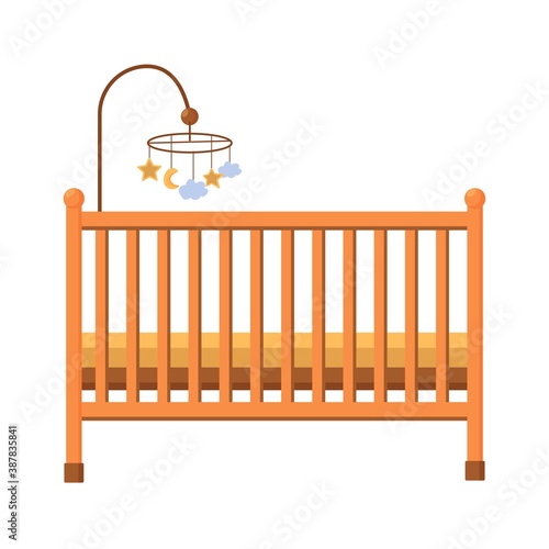 Baby bed, cradle in colours furniture for children bedroom isolated on white background in flat style with hanging mobile vector illustration