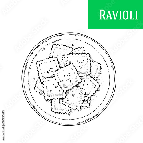 Italian ravioli hand drawn vector illustration. Ravioli top view. Packaging design template. Sketch illustration.