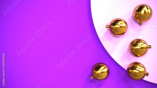 a set of gold Christmas balloons on purple background. blank for designers. 3D rendering