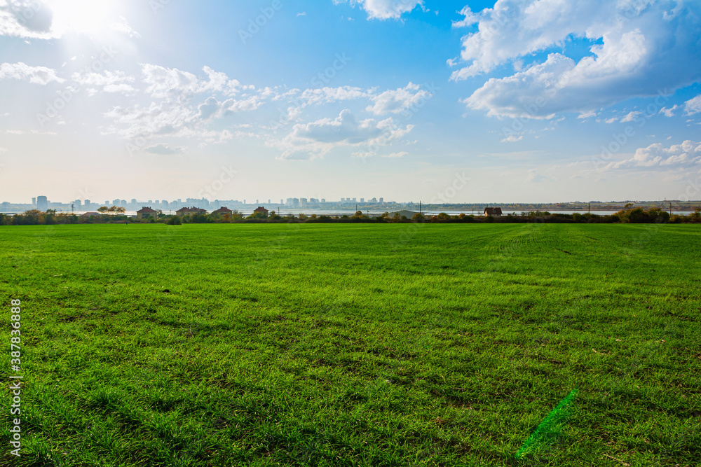 Green grass field and bright blue sky. Beautiful summer landscape near Burgas, Bulgaria