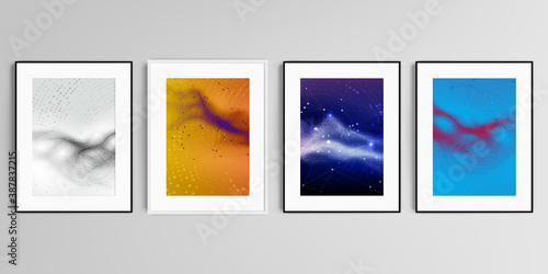 Realistic vector set of picture frames in A4 format isolated on gray background. Colorful wavy particle surface background for technology or science cyber space concept.