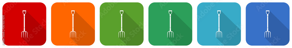 Fork, gardening tool icon set, flat design vector illustration in 6 colors options for webdesign and mobile applications Fork, gardening tool icon set, flat design vector illustration in 6 colors options for webdesign and mobile applications