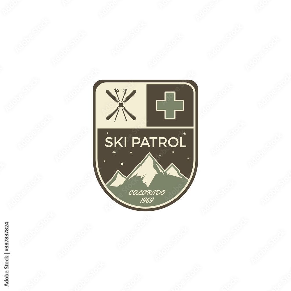 Ski patrol Label. Vintage Mountain winter camp explorer badge. Outdoor adventure logo design. Travel logotype and hipster color insignia with wilderness gear. Retro emblem stamp. .