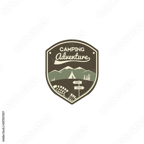 Camping adventure label. Mountain winter camp badge. Outdoor explorer logo design. Travel monochrome and hipster color insignia. Snowboard icon symbol. Wilderness emblem and stamp. patch