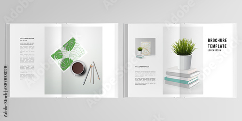 3d realistic vector layout of cover mockup design templates for A4 bifold brochure, cover design, book design, magazine, brochure cover. Home office concept, study or freelance, working from home.