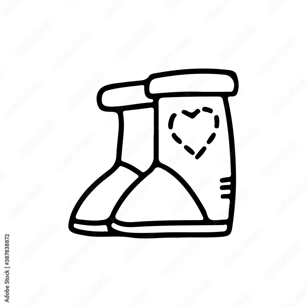 Hand drawn doodle winter boots with heart isolated on white background. Vector outline illustration. Design for greeting card, flyer, banner, sale Hand drawn doodle winter boots with heart isolated on white background. Vector outline illustration. Design for greeting card, flyer, banner, sale