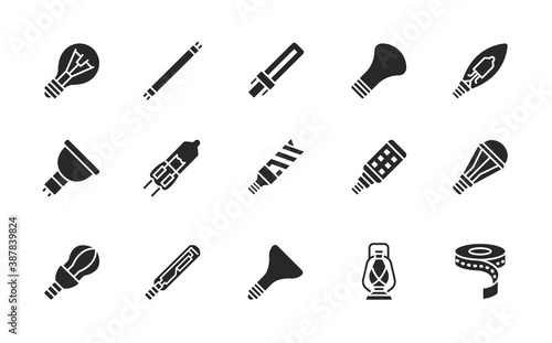 Lightbulb flat glyph icons set. Vector illustration different types of lamps. Black color.