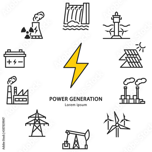 Power plant circle banner with flat line icons. Vector illustration power generation. Infographics energy generation station. Any text can be written in the center.