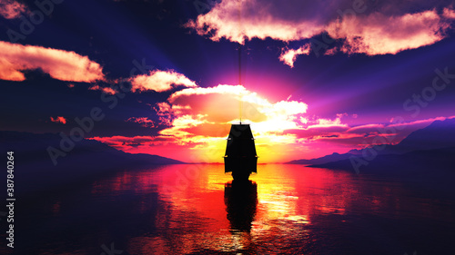 old ship at sea sunset illustration