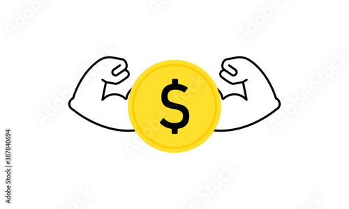 Dollar coin icon with strong muscle. Finance concpet. Vector on isolated white background. EPS 10