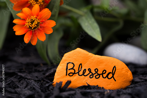 Horizontal image of an orange rock painted with the word, 