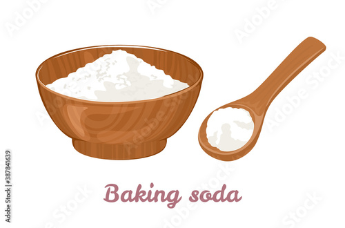 Baking soda in wooden bowl and spoon isolated on white background. Vector illustration of white powder in cartoon flat style.
