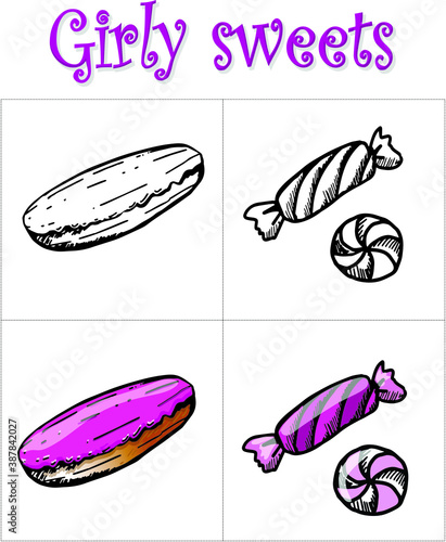 Elements isolated on white background. Vector. Doodle and cartoon. Eclair and sweets, lollipops. Black and white drawing and color. Sweets: sweets and eclairs. Use in coloring books for children.