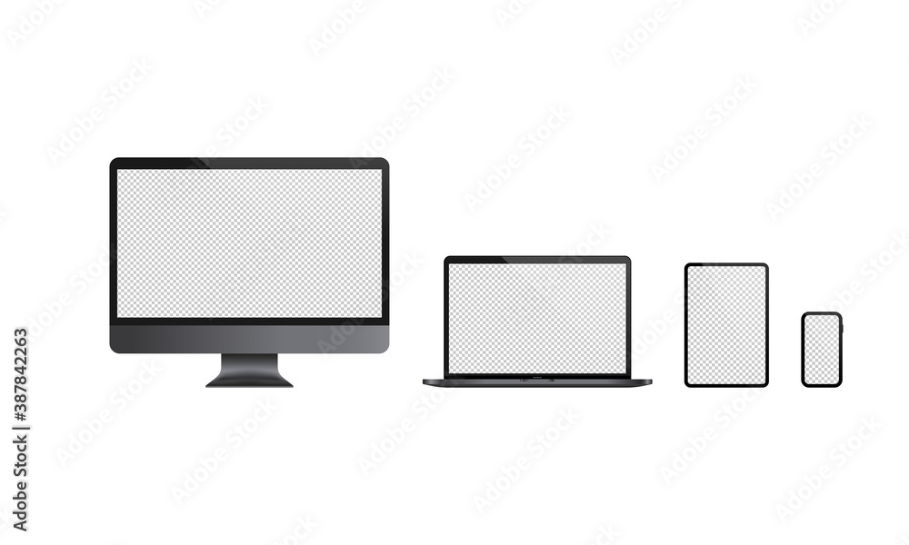 Realistic computer monitor, laptop, tablet and mobile phone icon set. Dark theme. Blank display. Notebook. Vector on isolated white background. EPS 10 Realistic computer monitor, laptop, tablet and mobile phone icon set. Dark theme. Blank display. Notebook. Vector on isolated white background. EPS 10