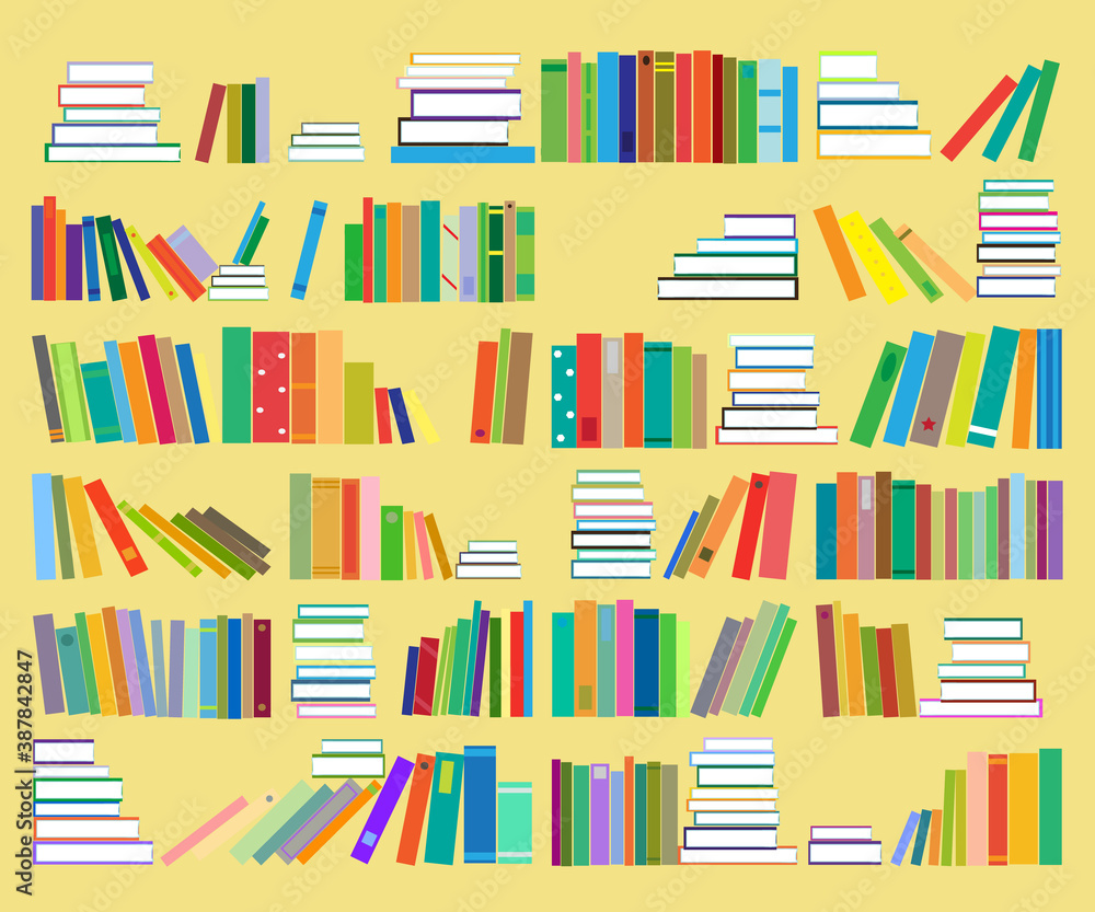 Bookshelf. Library. Collection of various multi-colored books. Signs and Symbols. Vector illustration. Bookshelf. Library. Collection of various multi-colored books. Signs and Symbols. Vector illustration.