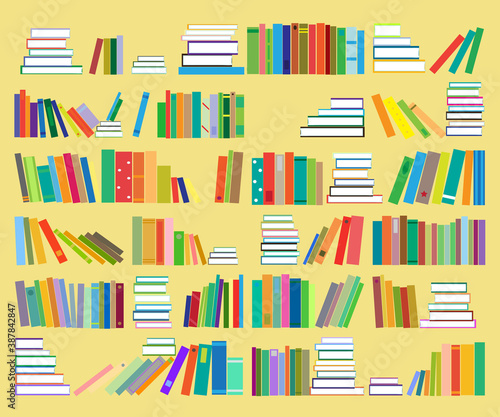 Bookshelf. Library. Collection of various multi-colored books. Signs and Symbols. Vector illustration.