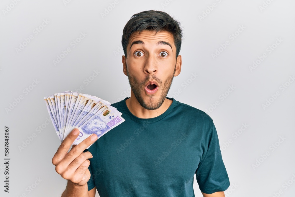 Young handsome man holding 20 swedish krona banknotes scared and amazed with open mouth for surprise, disbelief face Young handsome man holding 20 swedish krona banknotes scared and amazed with open mouth for surprise, disbelief face