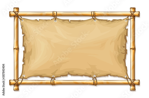 Bamboo frame with old torn textile cloth banner, tight with ropes, with horizontal copyspace place for text in cartoon style, isolated white background. Illustration.