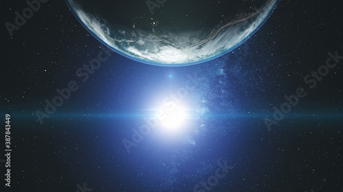 Fototapeta Naklejka Na Ścianę i Meble -  Bright sun at rotating Earth with blue halo and white clouds. Solar system planet orbit at sunlight in outer space. Cosmos background in dark tones with star sky. Spacecraft concept in 3d animation