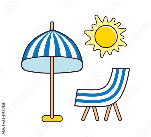 Blue striped beach chaise deck chair, umbrella and sun cartoon icons isolated.