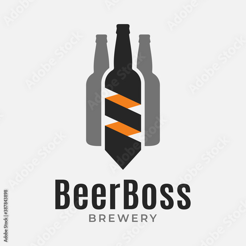 Beer bottle logo. Beer boss concept with tie