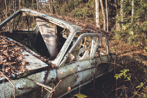 old car abandoned in the forest/Old car in the woods. photo