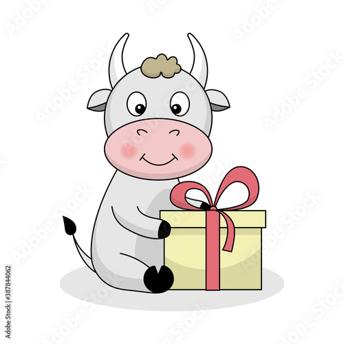 White bull, cow sits with a gift. The symbol of the 2021 new year.