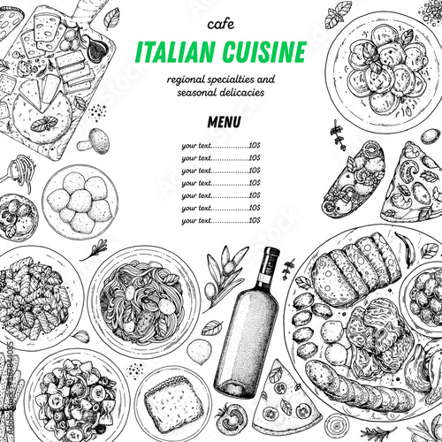 Italian Cuisine. Top view. Sketch illustration. Italian food. Design template. Hand drawn illustration. Black and white. Engraved style. Pasta and pizza, antipasto. Authentic dishes.