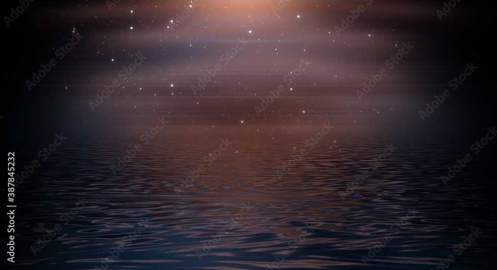 Night futuristic landscape, seascape, reflection in the water. Empty night scene. 3D illustration.
