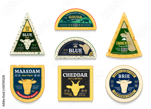 Vector cheese labels and packaging design elements. Different types of cheese detailed icons. Cow, sheep, and goat icons